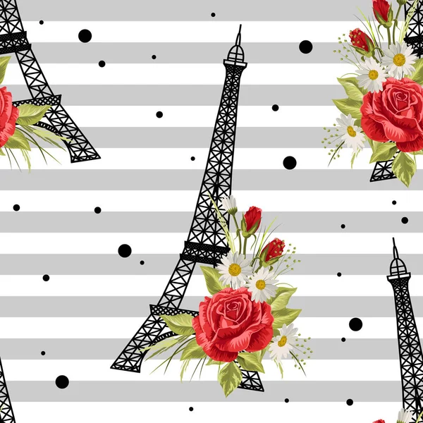 Patrón floral sin costuras con torres Eiffel sobre fondo rayado. Ilustración vectorial — Vector de stock
