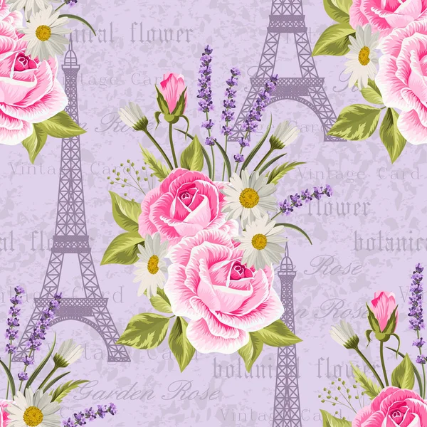 Bezszwowy wzór kwiatowy z wieżami Eiffla na tle pocztówki vintage. Ilustracja wektora — Wektor stockowy