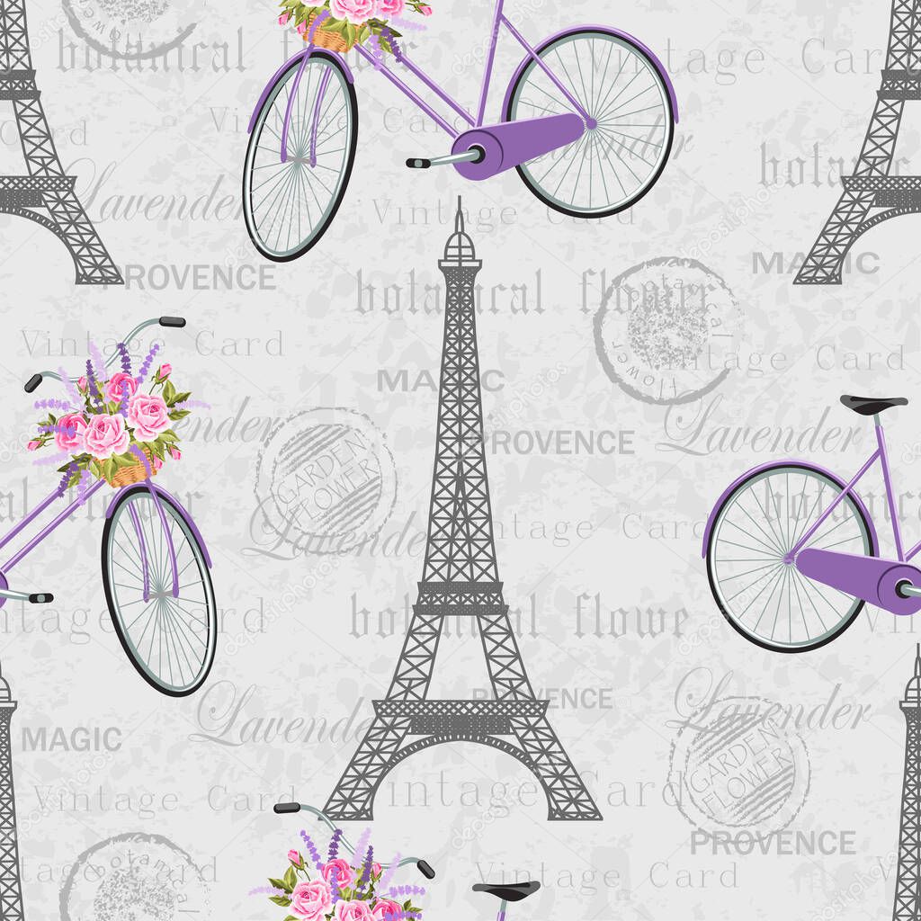Seamless pattern with Eiffel Tower, bicycle, basket full of flowers