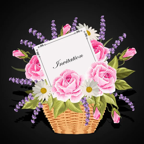 Uma cesta cheia de flores com um cartão para escrever um texto de amostra . —  Vetores de Stock