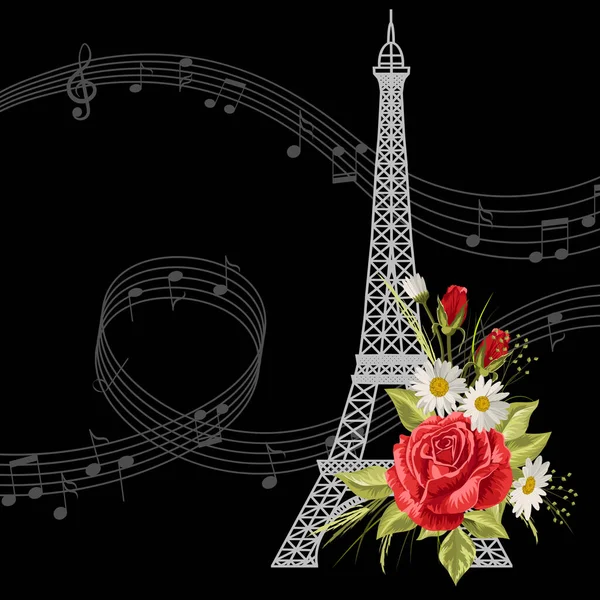 Eiffelturm mit Blumen und Noten auf schwarzem Hintergrund — Stockvektor