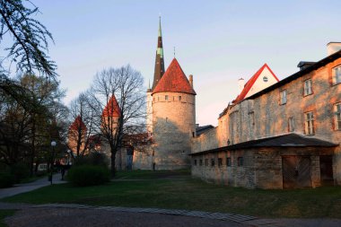 Estonya 'nın Tallin şehrinin eski kuleleriyle kale duvarına bak. Avrupa 'daki Unesco mirası