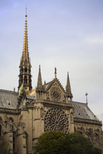 पफली ढग सह नॉटर महिला कॅथेड्रल प्रती भव्य सूर्यास्त, पॅरिस, फ्रान्स.नरेट महिला डी पॅरिस 2016 येथे गुलाब विंडो आणि गार्गोइल शिल्पकला सजावटीसह गॉथिक कॅथोलिक कॅथेड्रल . — स्टॉक फोटो, इमेज