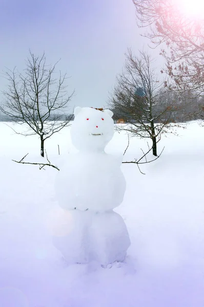 Cute smiling snowman with a funny haircut is standing in the snow winter forest. little snownam made of white snow. Snowman stuck together out of the snow in the forest. Family of snowmen. smiling — Stock Photo, Image