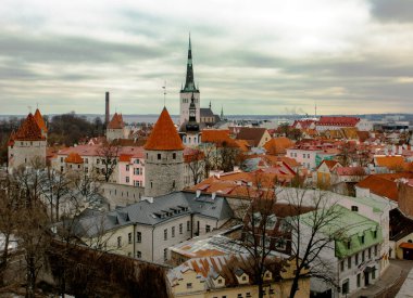 Oleviste Church View on the famous castle wall and Cathedral with Old Town towers in Tallinn, Estonia. Gothic Landmarks of Scandinavian city at spring, UNESCO heritage. Towers of the city wall aerial 