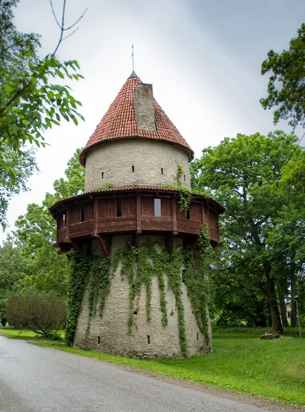 Torre velha da cidadela do castelo escandinavo nomeada Kiiu rasgado com varanda de madeira e telhado vermelho atrás das árvores verdes. Usado para o museu de bebidas na Estónia. Kiiu Vassal Stronghold ou a Torre — Fotografia de Stock