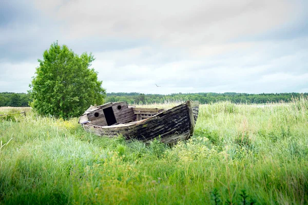 Altes Fischerboot an der Küste mit Fischernetz. Holz oder Holzschiff im Gras — Stockfoto