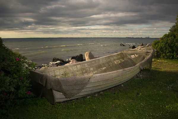 Altes Großes Fischerboot Der Küste Mit Fischernetz Holz Oder Holzschiff — Stockfoto