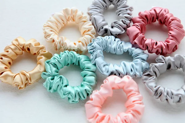 Lot Colorful Silk Scrunchies Isolated White Background Flat Lay Hairdressing — Stock Photo, Image