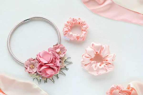 Pink Hair Accessories Withroses Silk Pink Scrunchy Isolated White Background — Stock Photo, Image