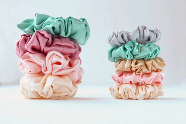 Lot Colorful Silk Scrunchies Isolated White Luxury Hairdressing Tools Accessories — Stock Photo, Image