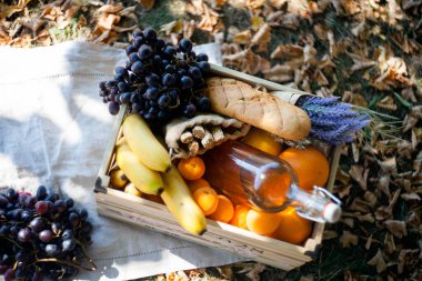 Sonbahar piknik kutusunda meyve-üzüm, muz, portakal ve bir şişe içme suyu var.