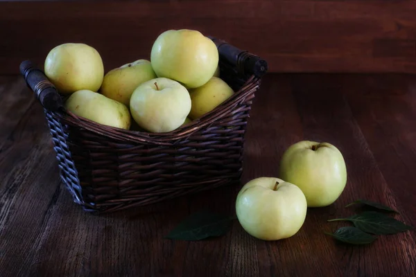 Apples Basket Symbolic Image Concept Healthy Nutrition Wooden Background Dark — Stock Photo, Image