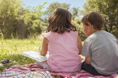 Arkadan görünüş çim bir havlu üzerinde oturan iki küçük çocuk.