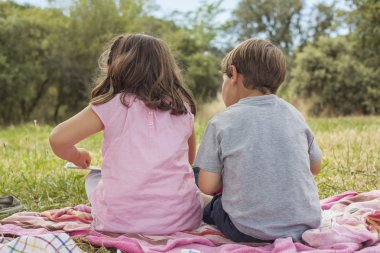 Arkadan görünüş çim bir havlu üzerinde oturan iki küçük çocuk.
