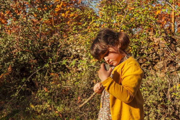 Una chica cercana mirando una piedra. Fondo de otoño — Foto de Stock