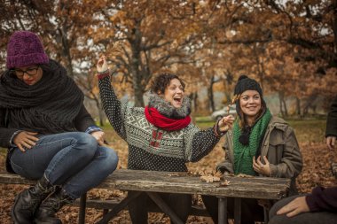 Söz ve sonbaharda yaprakları ile oynayan arkadaşlar folliage park.