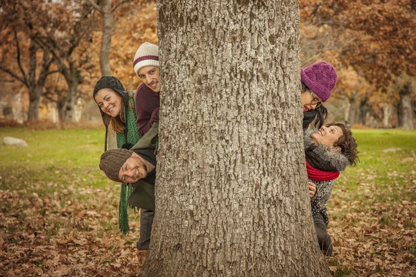 Cinco jóvenes detrás de un gran árbol. Paisaje otoñal — Foto de Stock