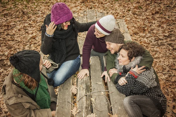 Conversación de amigos en un parque lleno de hojas. Paisajes otoñales — Foto de Stock