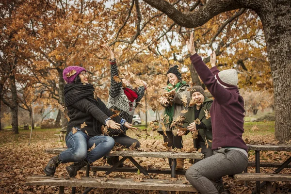 Friends throwing up autumn leaves in a park