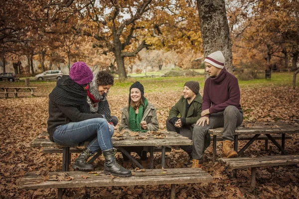 Conversación de amigos en un parque lleno de hojas. Paisajes otoñales — Foto de Stock