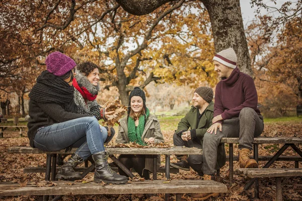 Amigos conversando y vomitando hojas en un parque — Foto de Stock