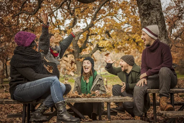 Groupe de jeunes gens vomissant des feuilles dans un parc. Le bonheur dans — Photo