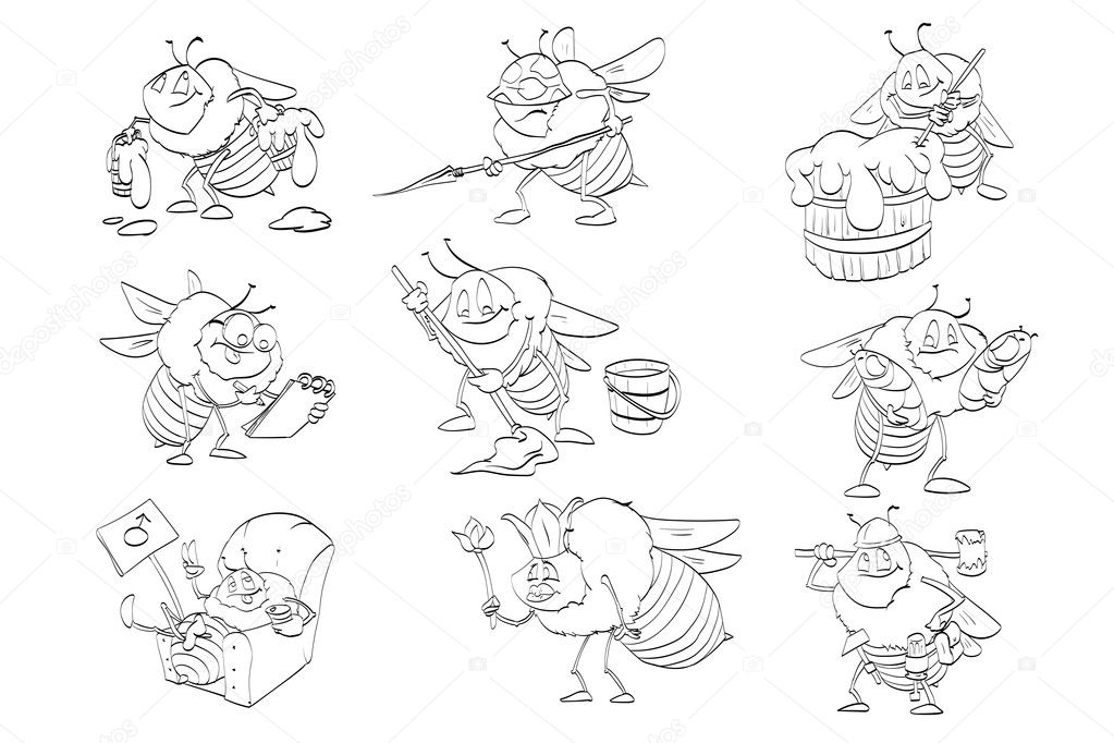Set of cartoon bees line drawings