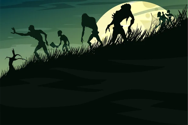 Zombies, die bei Vollmond im Nebel den Hügel hinunterlaufen — Stockvektor
