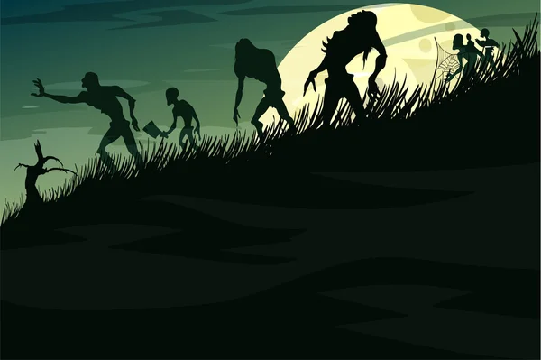 Zombik séta lefelé a dombról, a ködben a telihold — Stock Vector