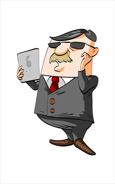 Homme d'affaires dessin animé tenant une tablette — Image vectorielle