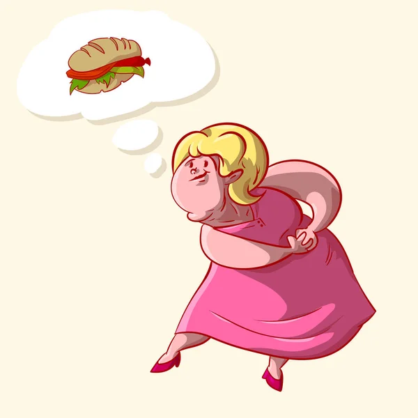 Mujer con sobrepeso soñando con comida — Vector de stock