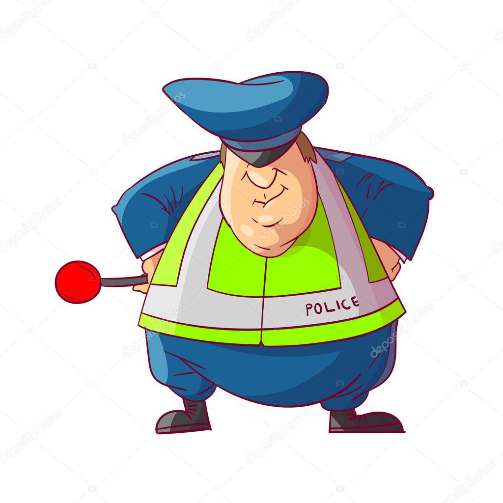 Colorful cartoon illustration of a fat traffic police man officer