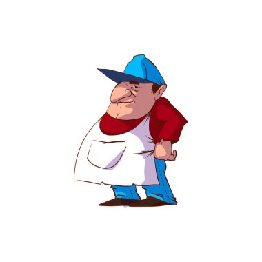 Orta yaşlı, tıknaz, gülen suratlı bir dükkan sahibinin renkli çizimi