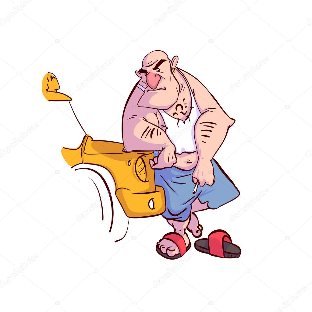 Colorful vector illustration of a grumpy bald taxi driver with a cigarette