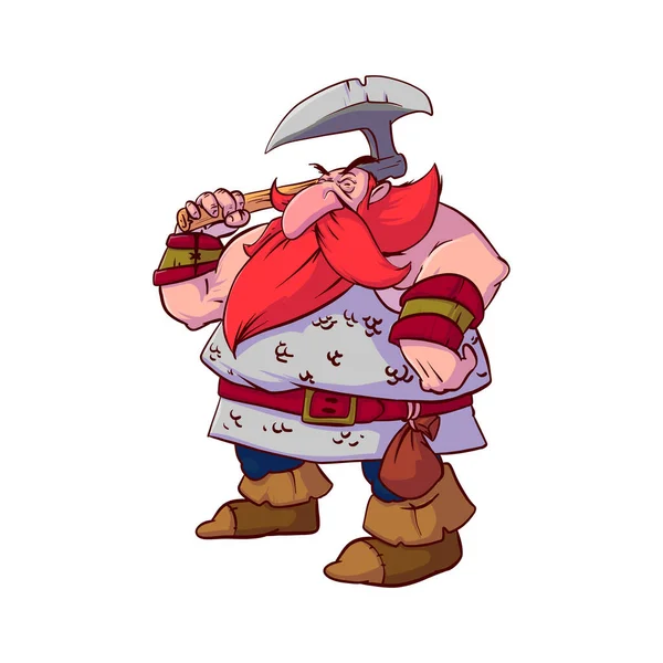 一个头戴红头发和胡须 身穿链甲 手持巨大战斧的卡通侏儒战士的彩色矢量图像 — 图库矢量图片