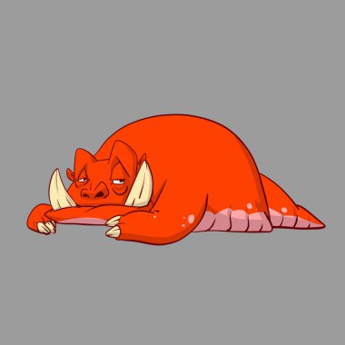 Büyük dişleri ve kuyruğu olan kırmızı bir yaratığın renkli vektör çizimi