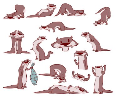Collection of colorful vector cartoon otter illustrations in different poses clipart