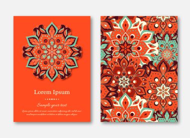 Ayarla kartları, el ilanı, broşür, şablonları ile çizilmiş mandala desen ver. Vintage oryantal tarzı. Hindistan, Asya, Arap, İslam, Osmanlı motif. Vektör çizim.