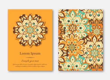 Ayarla kartları, el ilanı, broşür, şablonları ile çizilmiş mandala desen ver. Vintage oryantal tarzı. Hindistan, Asya, Arap, İslam, Osmanlı motif. Vektör çizim.