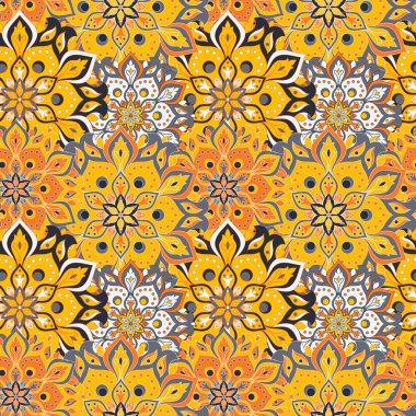 Kusursuz el çizimi mandala deseni. Doğu tarzında klasik elementler. Duvar kağıtları, arka planlar ve sayfa dolumu için doku. İslam, Arap, Hintli, Türk, sedir, Asya motifleri. Vektör illüstrasyonu.