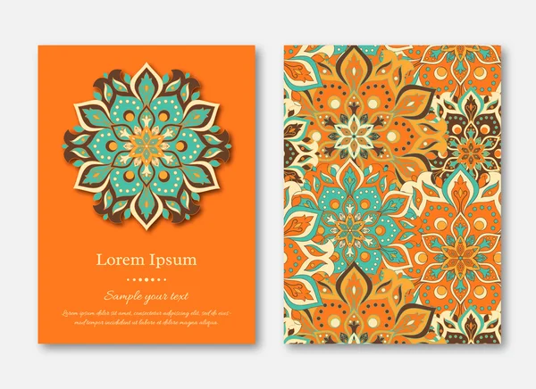 Set of cards, flyers, brochures, templates with hand drawn mandala pattern. Vintage oriental style. Indian, asian, arabic, islamic, ottoman motif. Vector illustration. — Stock Vector