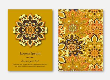 Ayarla kartları, el ilanı, broşür, şablonları ile çizilmiş mandala desen ver. Vintage oryantal tarzı. Hindistan, Asya, Arap, İslam, Osmanlı motif. Vektör çizim.