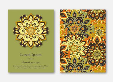 Ayarla kartları, el ilanı, broşür, şablonları ile çizilmiş mandala desen ver. Vintage oryantal tarzı. Hindistan, Asya, Arap, İslam, Osmanlı motif. Vektör çizim.