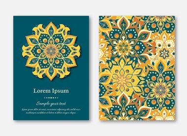 Ayarla kartları, el ilanı, broşür, şablonları ile çizilmiş mandala desen ver. Vintage oryantal tarzı. Hindistan, Asya, Arap, İslam, Osmanlı motif. Vektör çizim.