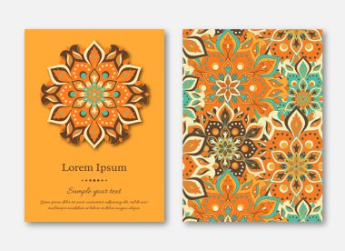 Ayarla kartları, el ilanı, broşür, şablonları ile çizilmiş mandala desen ver. Vintage oryantal tarzı. Hindistan, Asya, Arap, İslam, Osmanlı motif. Vektör çizim.