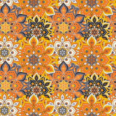 Kusursuz el çizimi mandala deseni. Doğu tarzında klasik elementler. Duvar kağıtları, arka planlar ve sayfa dolumu için doku. İslam, Arap, Hintli, Türk, sedir, Asya motifleri. Vektör illüstrasyonu.