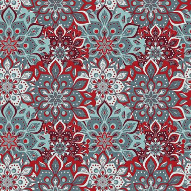 Kusursuz el çizimi mandala deseni. Doğu tarzında klasik elementler. Duvar kağıtları, arka planlar ve sayfa dolumu için doku. İslam, Arap, Hintli, Türk, sedir, Asya motifleri. Vektör illüstrasyonu.