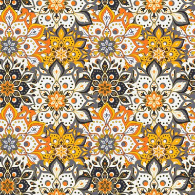 Kusursuz el çizimi mandala deseni. Doğu tarzında klasik elementler. Duvar kağıtları, arka planlar ve sayfa dolumu için doku. İslam, Arap, Hintli, Türk, sedir, Asya motifleri. Vektör illüstrasyonu.