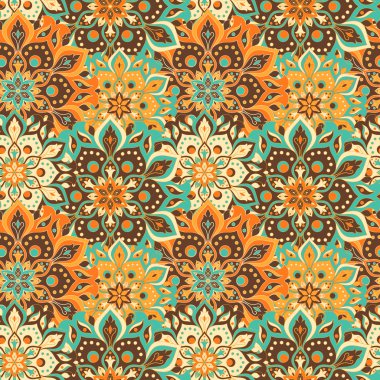 Kusursuz el çizimi mandala deseni. Doğu tarzında klasik elementler. Duvar kağıtları, arka planlar ve sayfa dolumu için doku. İslam, Arap, Hintli, Türk, sedir, Asya motifleri. Vektör illüstrasyonu.